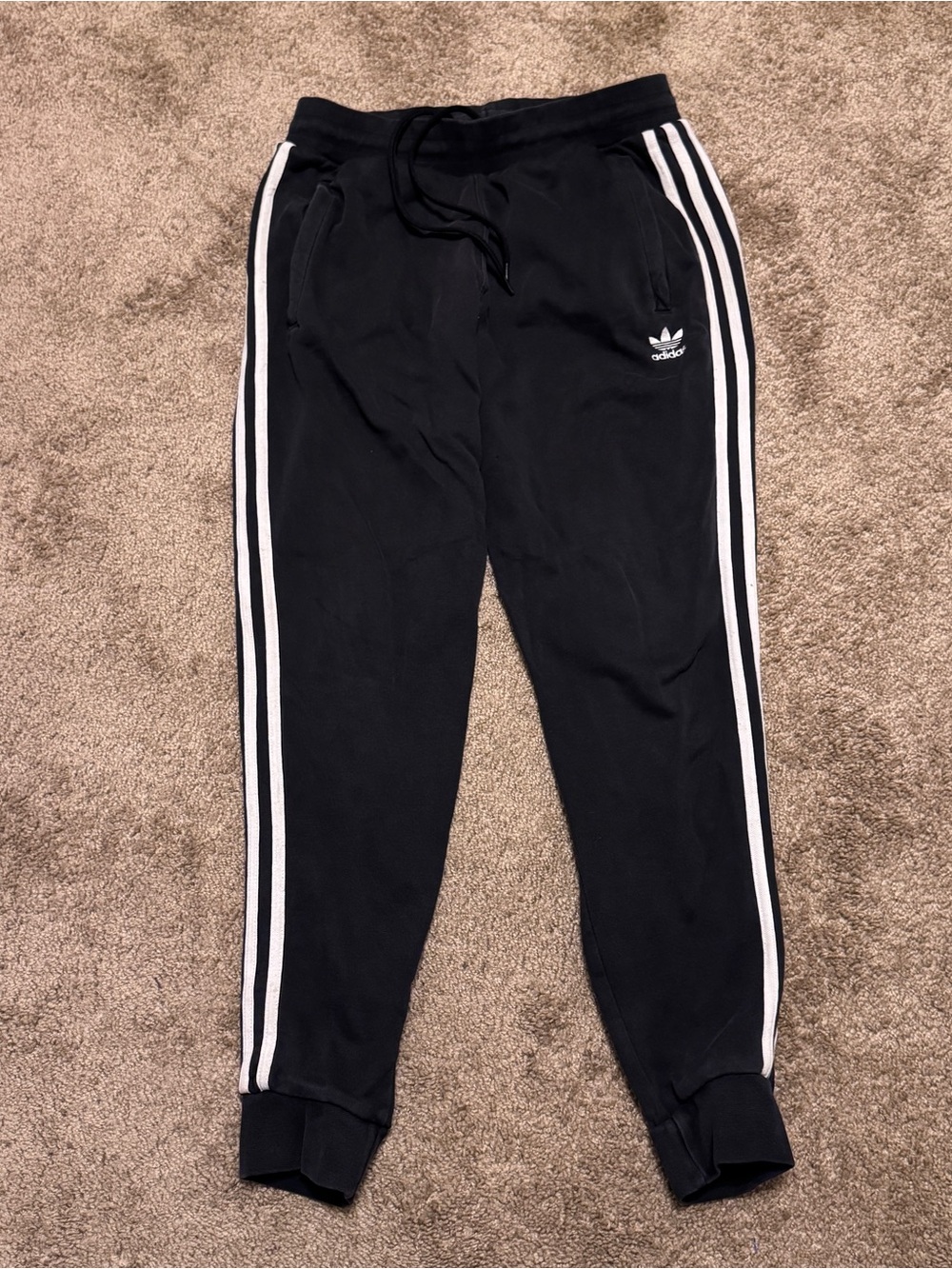 Adidas Jogger Sweatpants Mens Medium Black Tapered Leg 3 Stripes Pockets Logo